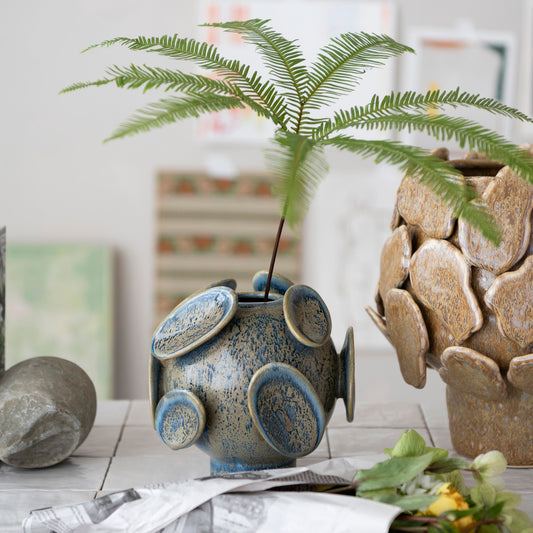 BLUE STONEWARE FOOTED VASE