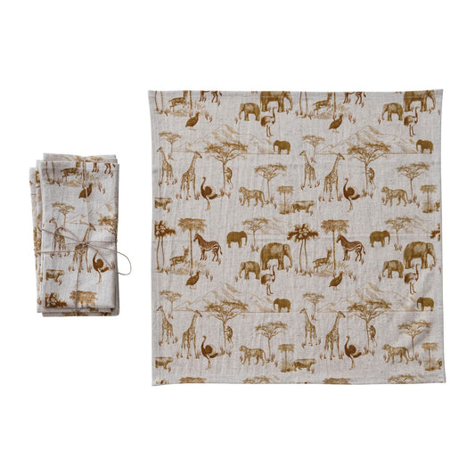 COTTON & LINEN NAPKINS WITH SAFARI ANIMALS (SET OF 4)