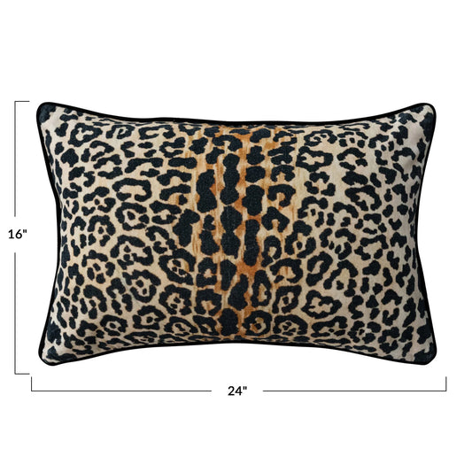 COTTON VELVET LUMBAR PILLOW W/ LEOPARD PRINT & PIPING