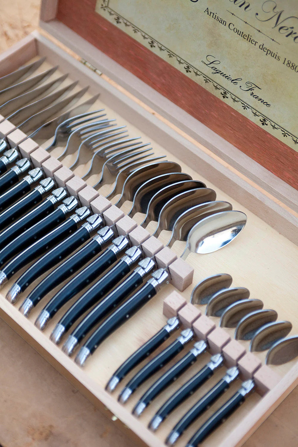LAGUIOLE 24 PIECE FLATWARE SET, BLACK IN WOOD PRESENTATION BOX