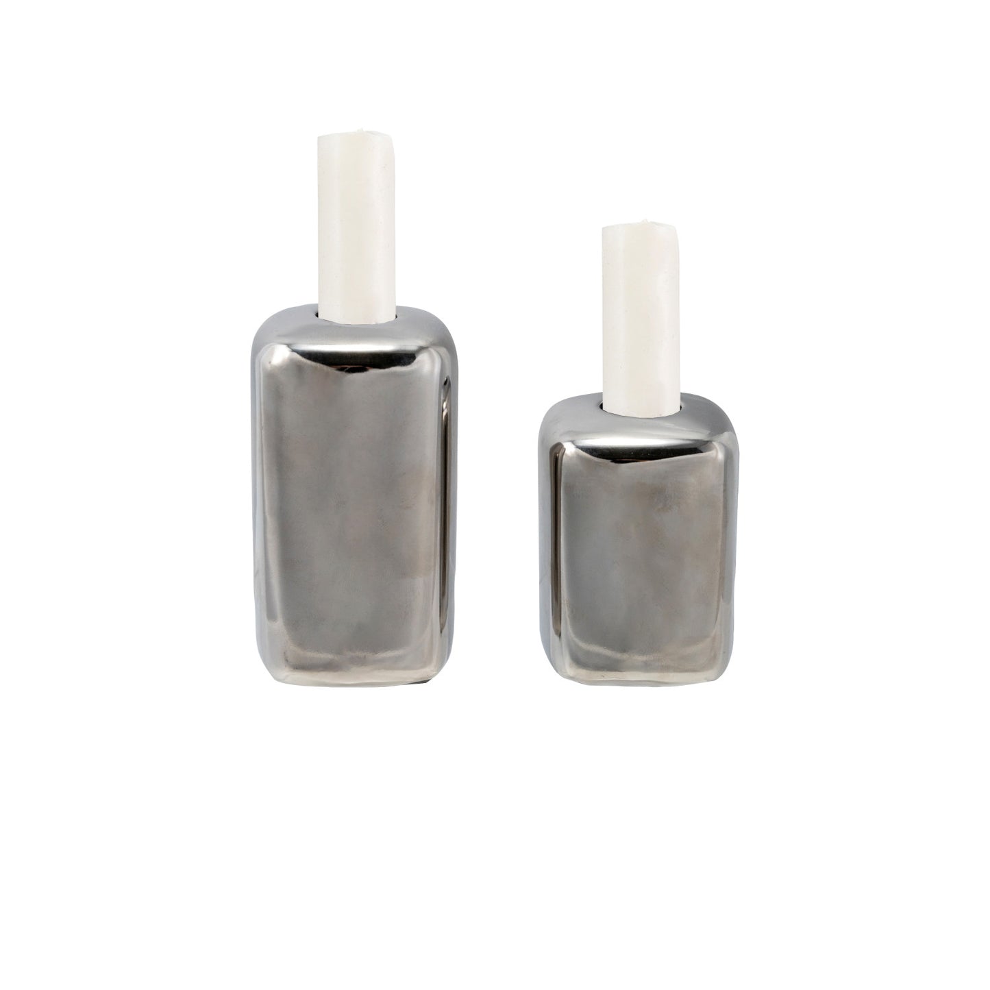 CHROME FINISH STONEWARE TAPER HOLDERS  (SET OF 2)