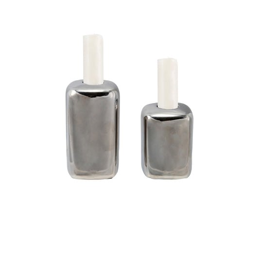CHROME FINISH STONEWARE TAPER HOLDERS  (SET OF 2)