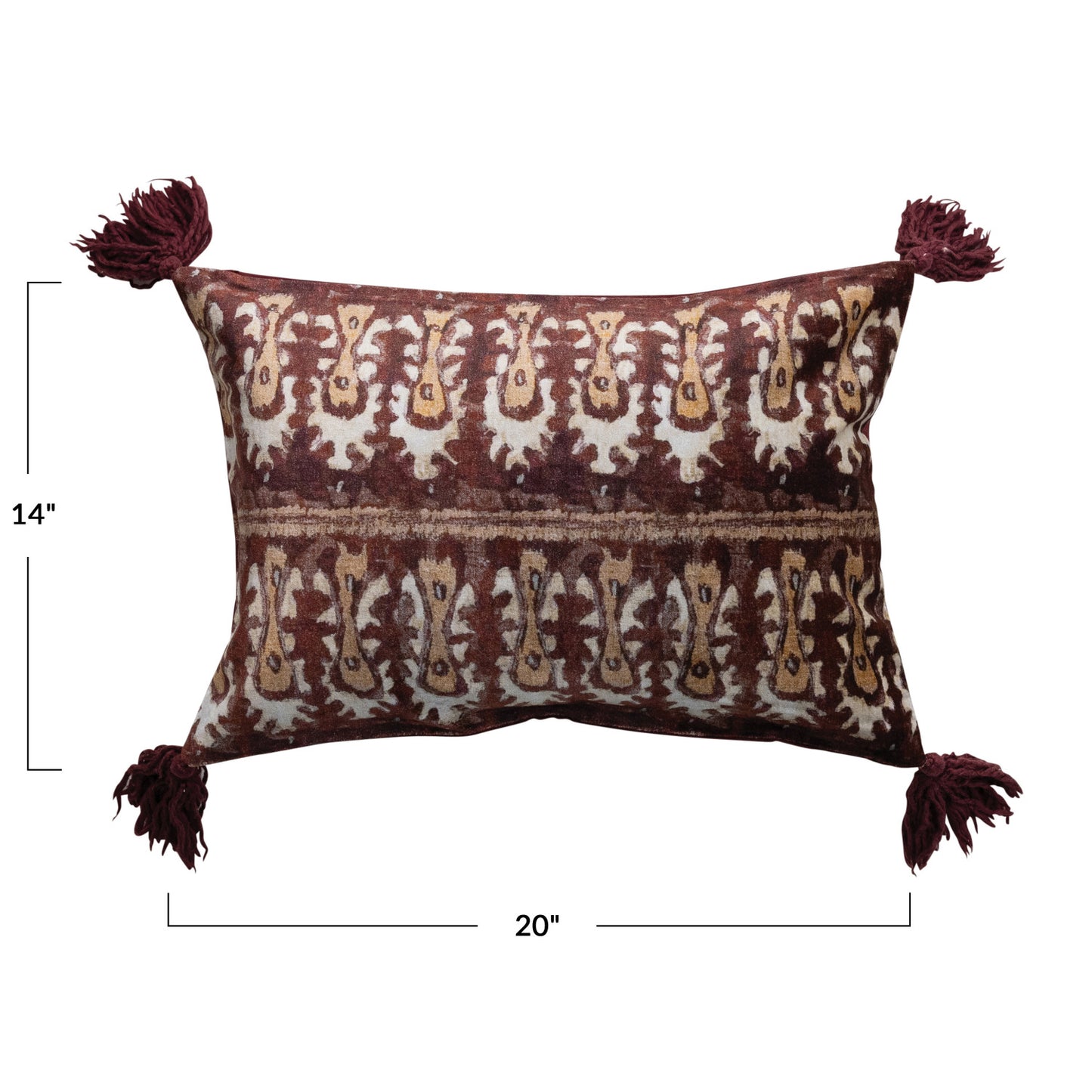 COTTON VELVET IKAT PRINTED LUMBAR PILLOW W/ TASSELS