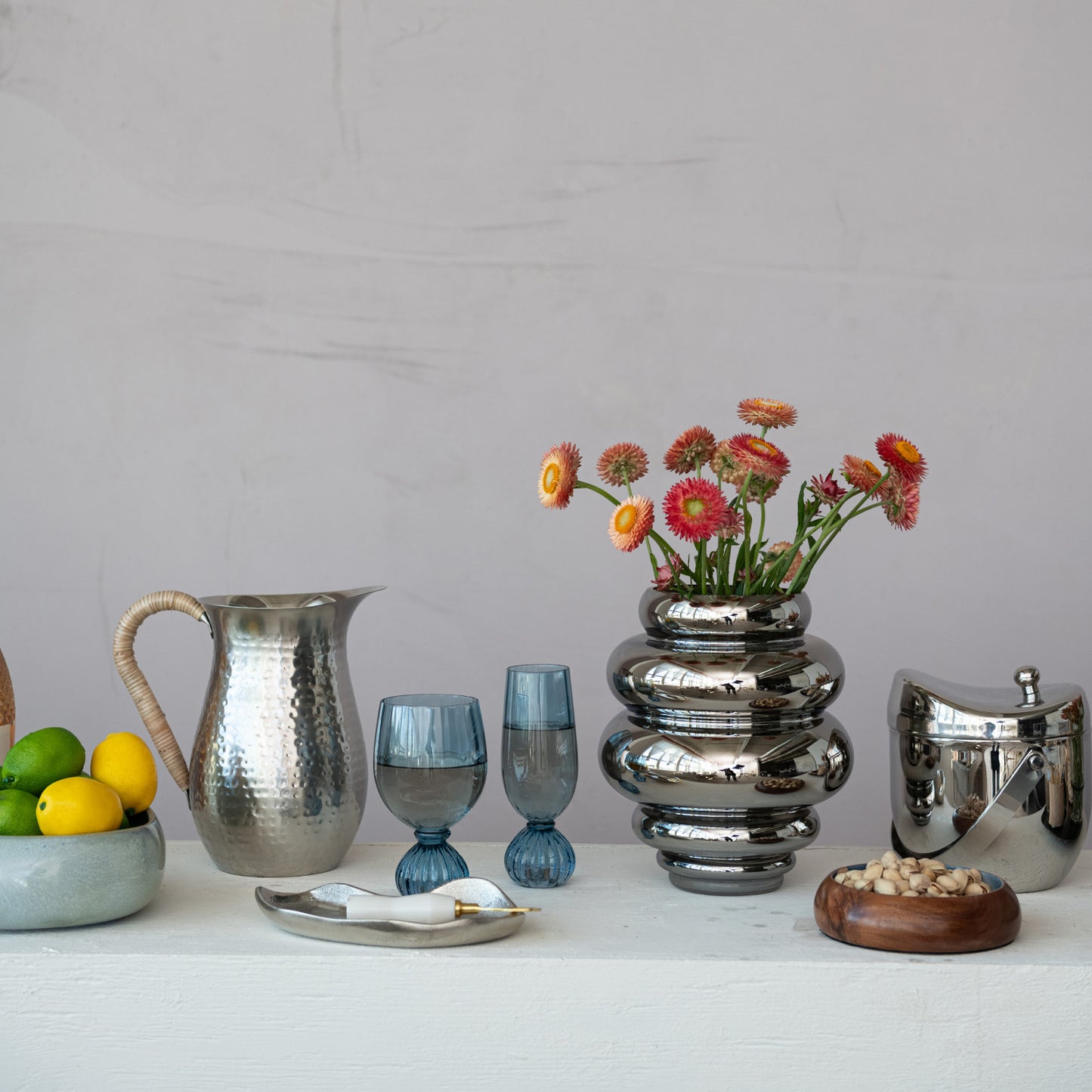 RIBBED GLASS SMALL VASE, CHROME FINISH