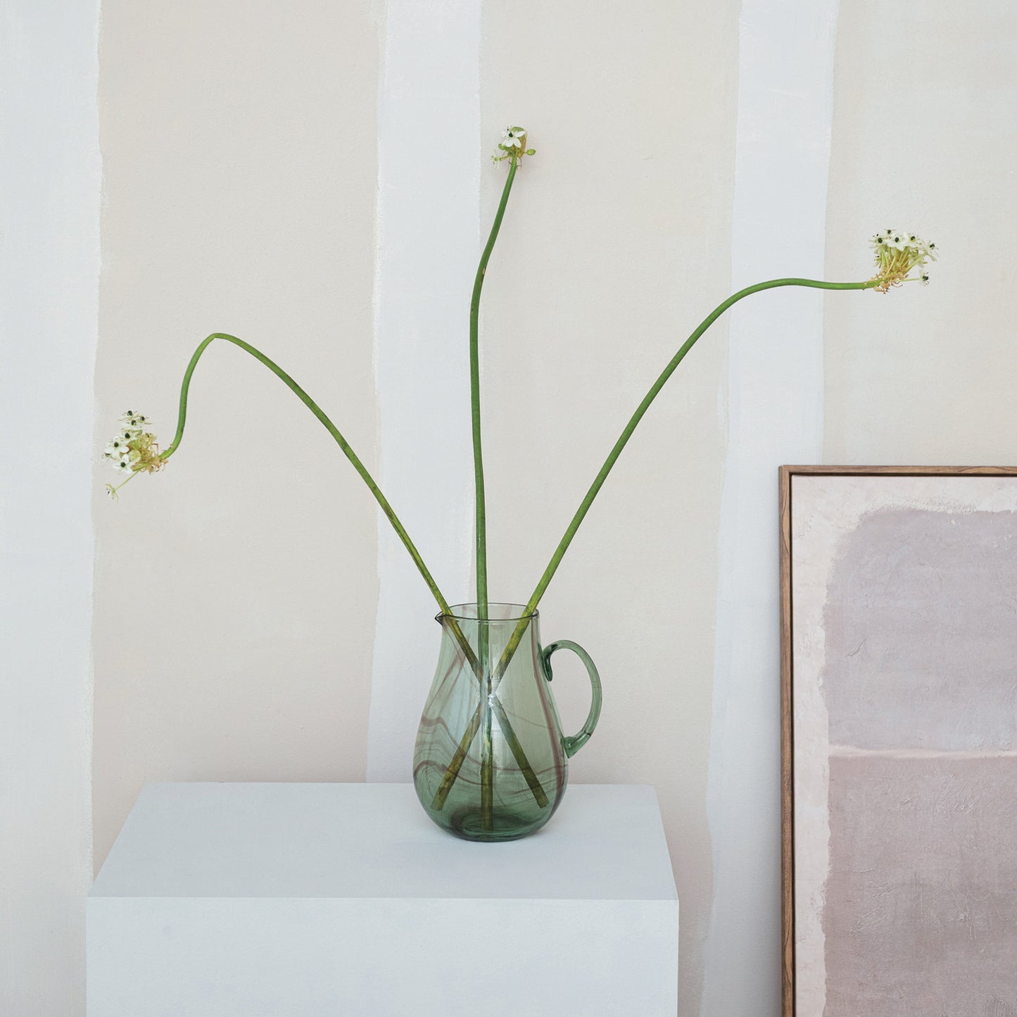 MARBLED GREEN HAND-BLOWN GLASS PITCHER