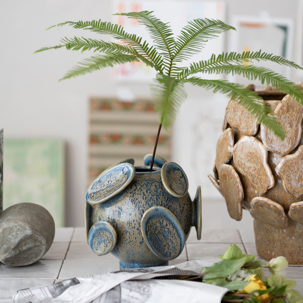 BLUE STONEWARE FOOTED VASE
