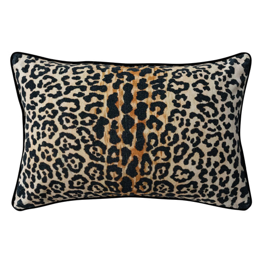 COTTON VELVET LUMBAR PILLOW W/ LEOPARD PRINT & PIPING