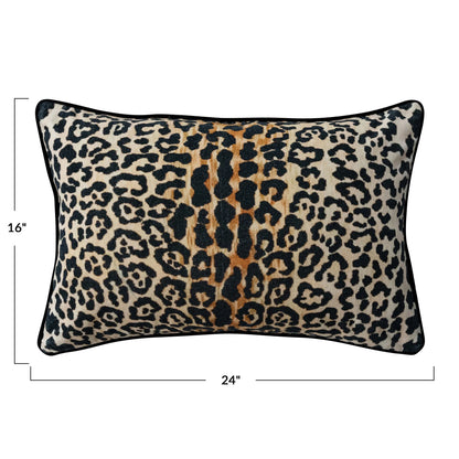 COTTON VELVET LUMBAR PILLOW W/ LEOPARD PRINT & PIPING