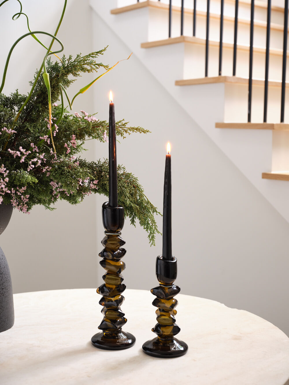STACKED GLASS CANDLEHOLDER SET OF 2