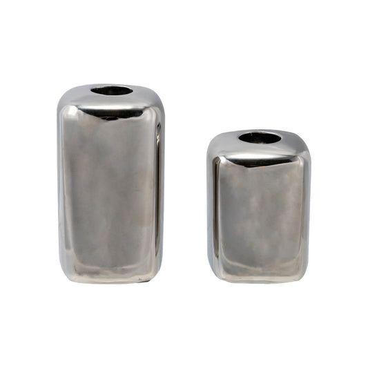 CHROME FINISH STONEWARE TAPER HOLDERS  (SET OF 2)