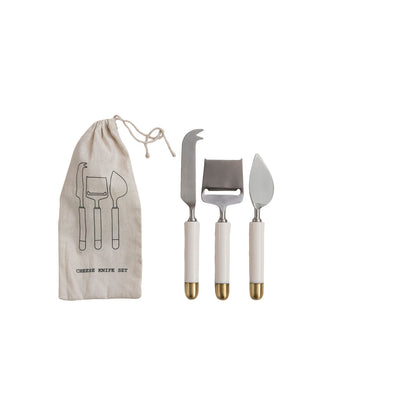 STAINLESS STEEL WHITE & GOLD CHEESE KNIVES (SET OF 3)