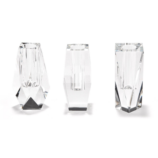 FACETED HAND CUT CRYSTAL GLASS BUD VASES (SET OF 3)