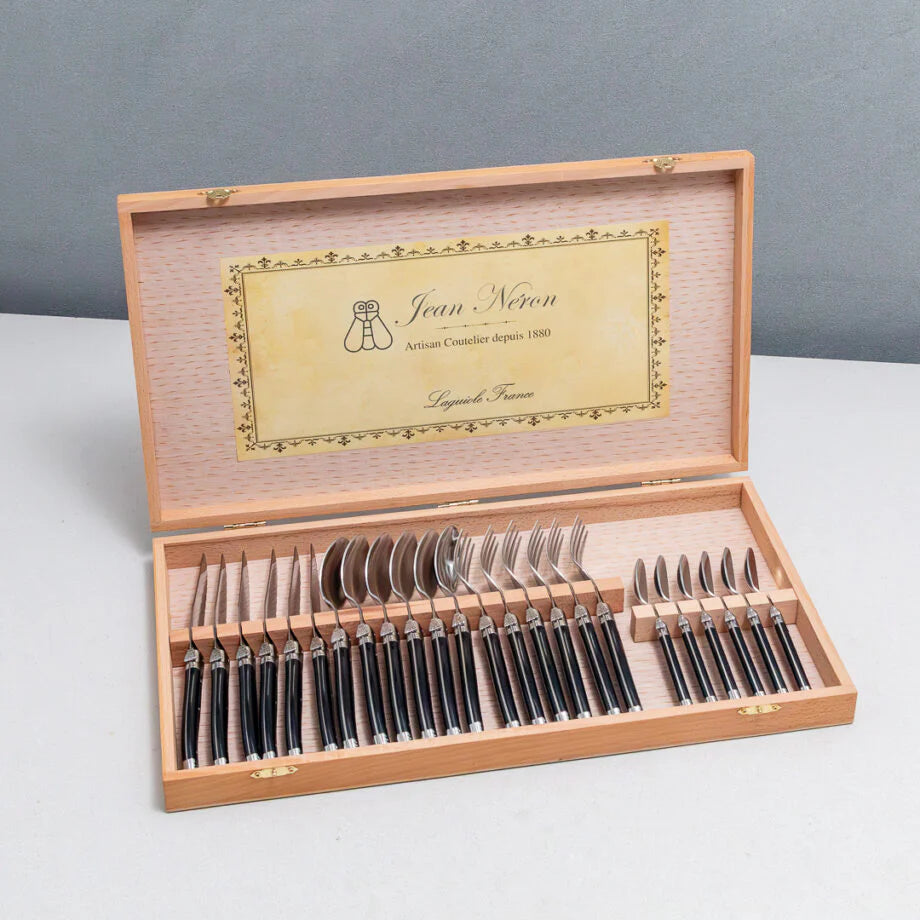 LAGUIOLE 24 PIECE FLATWARE SET, BLACK IN WOOD PRESENTATION BOX