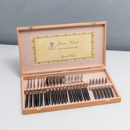 LAGUIOLE 24 PIECE FLATWARE SET, BLACK IN WOOD PRESENTATION BOX