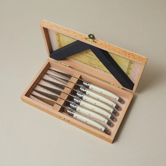 LAGUIOLE 6 PIECE STEAK KNIFE SET, IVORY IN WOOD PRESENTATION BOX
