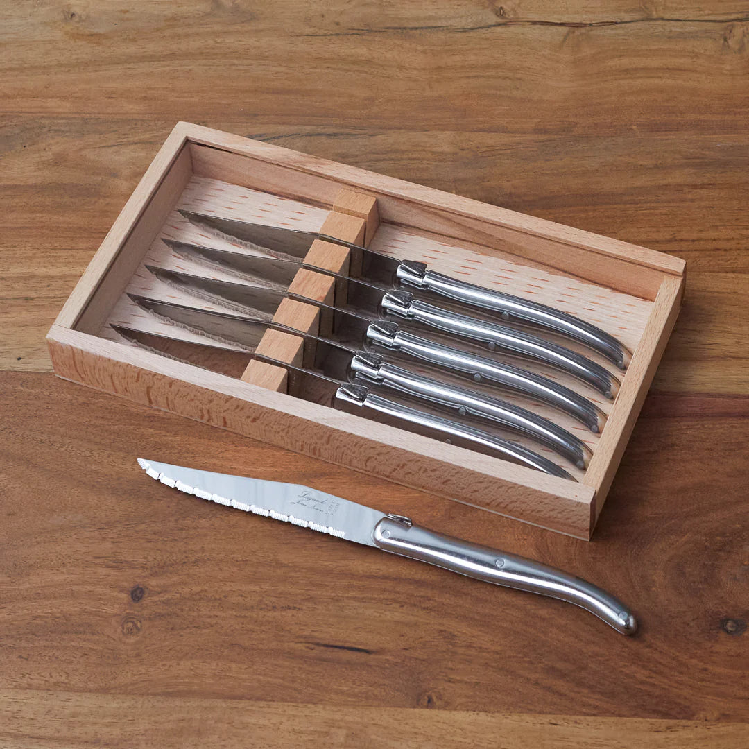 LAGUIOLE 6 PIECE STEAK KNIFE SET, STAINLESS STEEL IN WOOD BOX WITH ACRYLIC LID