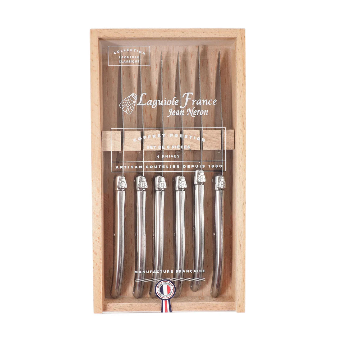 LAGUIOLE 6 PIECE STEAK KNIFE SET, STAINLESS STEEL IN WOOD BOX WITH ACRYLIC LID